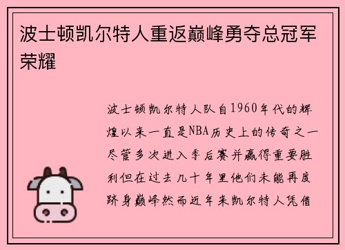 波士顿凯尔特人重返巅峰勇夺总冠军荣耀