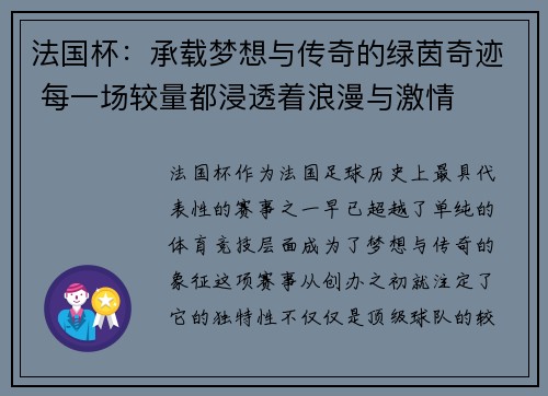 法国杯：承载梦想与传奇的绿茵奇迹 每一场较量都浸透着浪漫与激情
