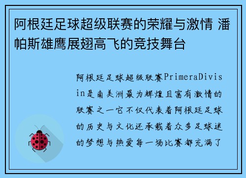 阿根廷足球超级联赛的荣耀与激情 潘帕斯雄鹰展翅高飞的竞技舞台